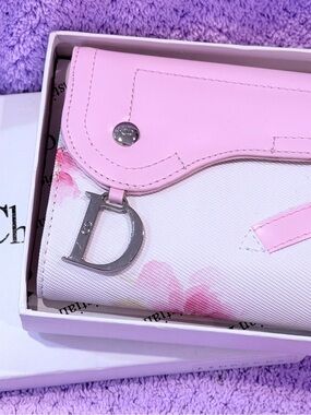 Dior Pink and White Floral Saddle Wallet with Silver 'D' Charm